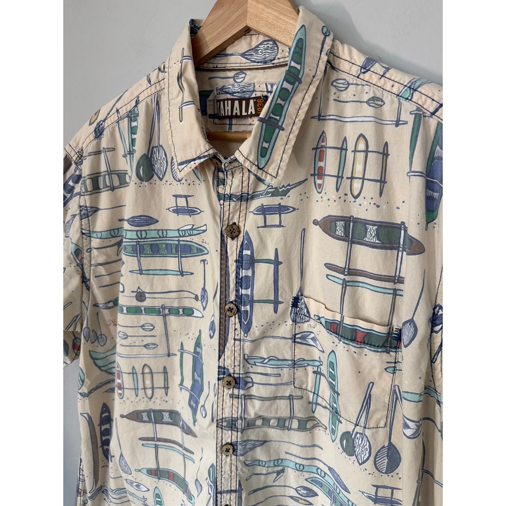 Kahala Mens 2XL Hawaiian Shirt Outrigger Canoe Paddle Print Cotton Cream Slv